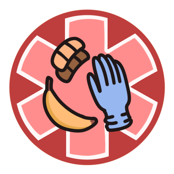 a red circle with a large medical alert asterisk inside it, and a blue medical glove, a banana, and two bandaids pictured in the center.